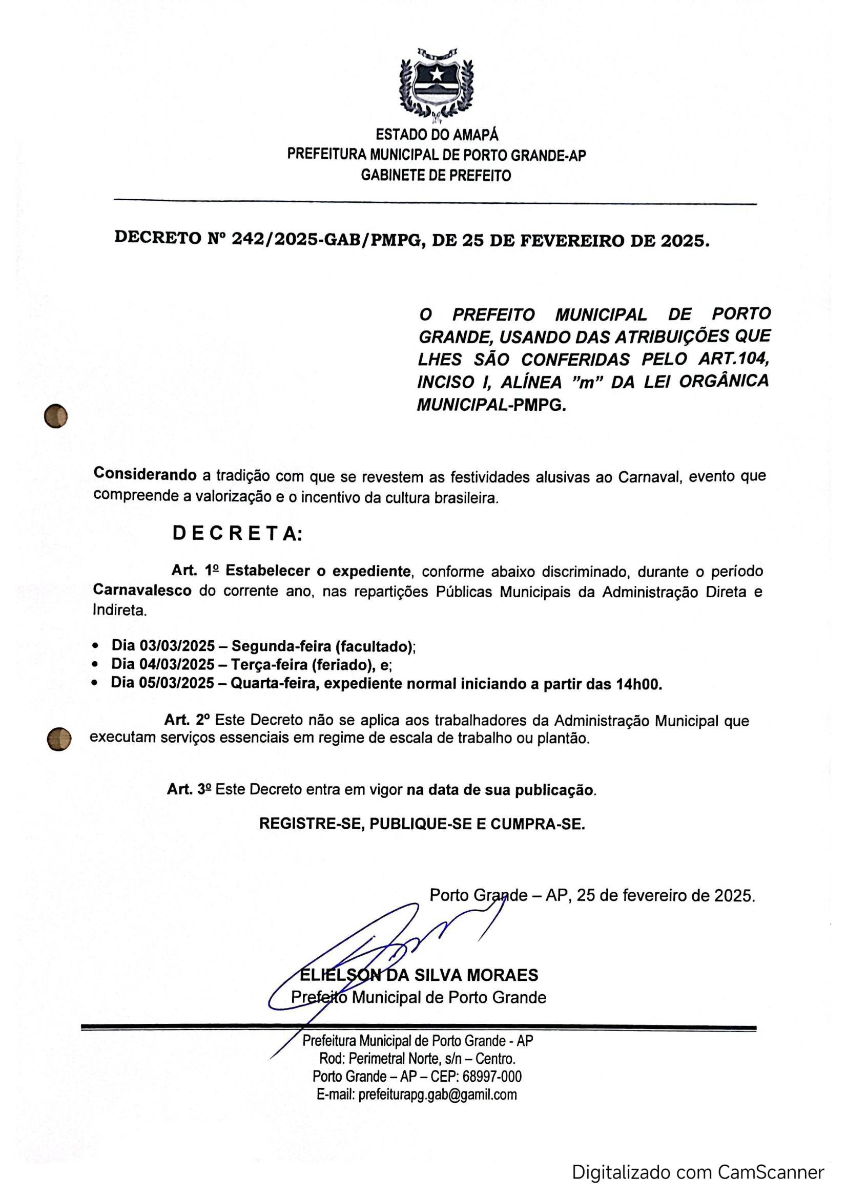 DECRETO N° 242.2025-GAB/PMPG DE 25 DE FEVEREIRO DE 2025 - CARNAVAL